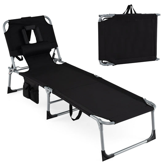 Portable Chaise Lounge Chair with 4-Position Adjustable Backrest and Face Arm Holes-Black