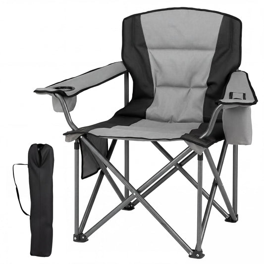 Portable Oversized Camping Chair with Zippered Cooler Pouch and Cup Holder-Grey