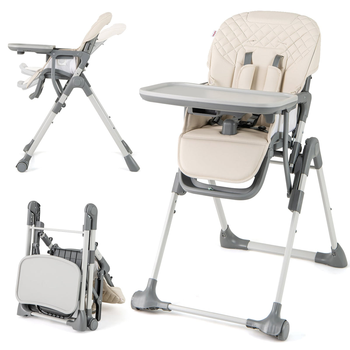 Portable Adjustable Highchair with Footrest and Detachable Tray for Babies-Beige