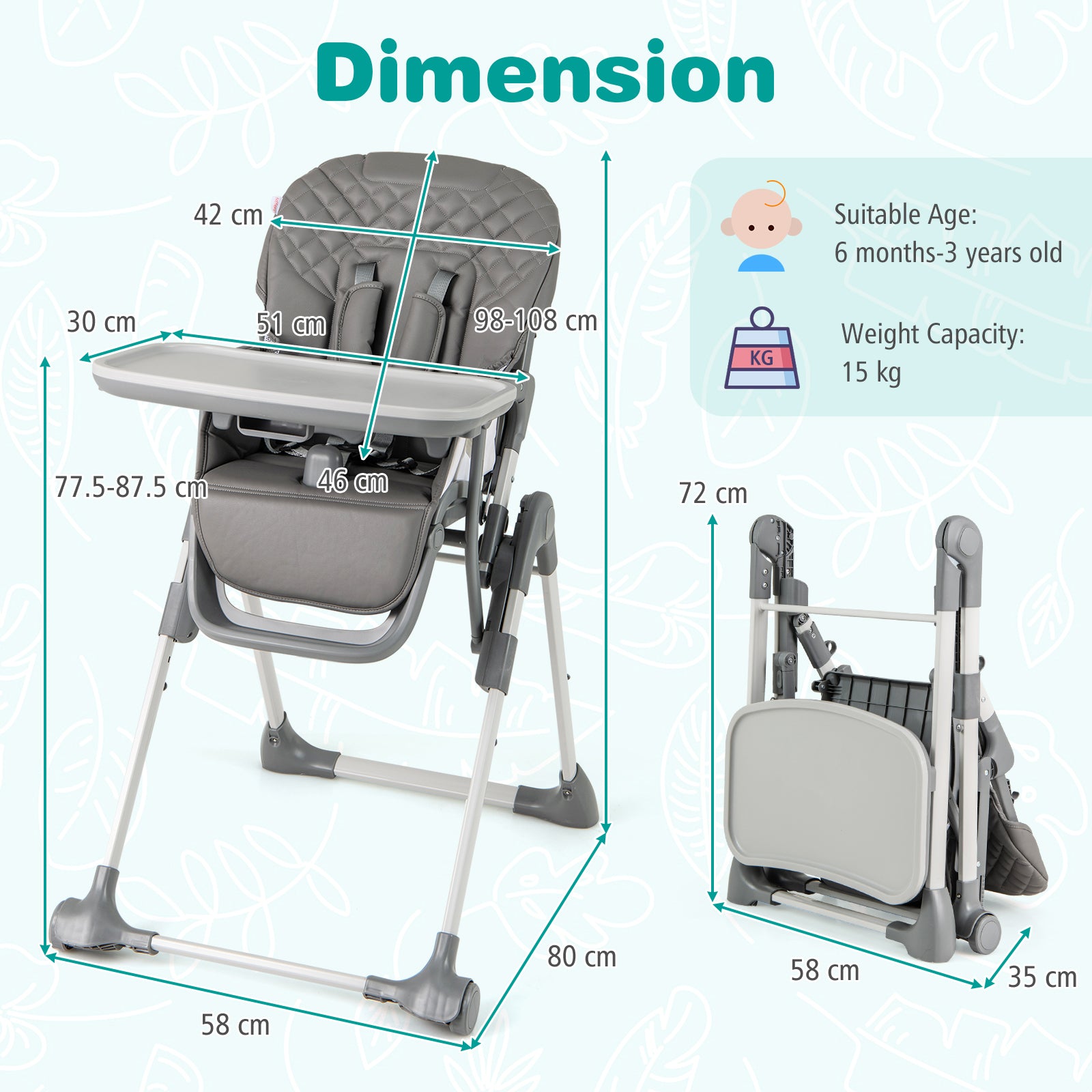 Portable Adjustable Highchair with Footrest and Detachable Tray for Babies-Grey