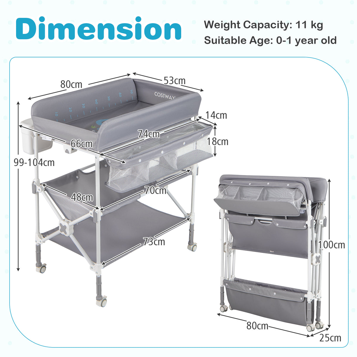 Foldable Baby Changing Table with Wheels and Adjustable Height-Grey
