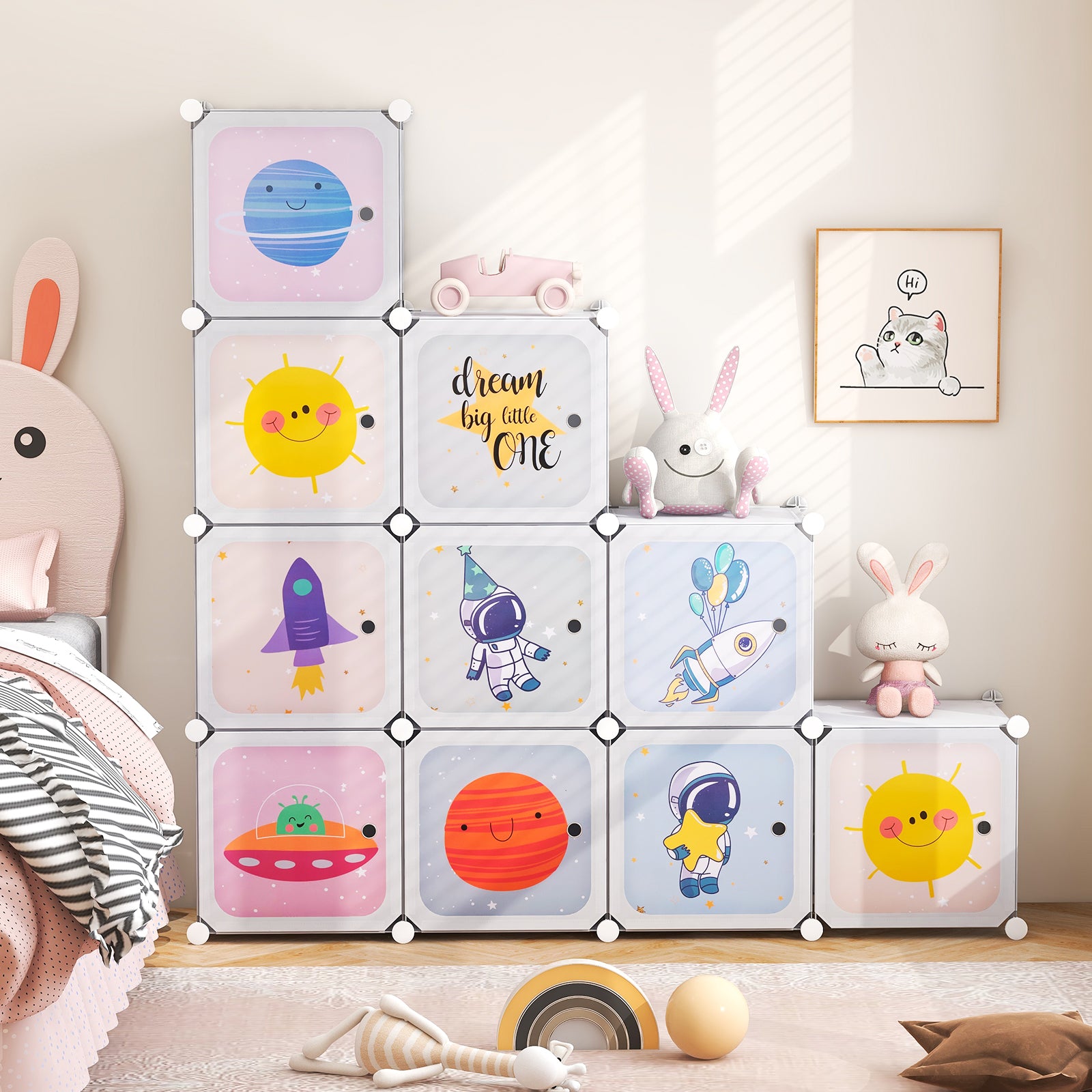 Portable Children Wardrobe with 12 Cubes and 2 Clothes Hanging Section-White