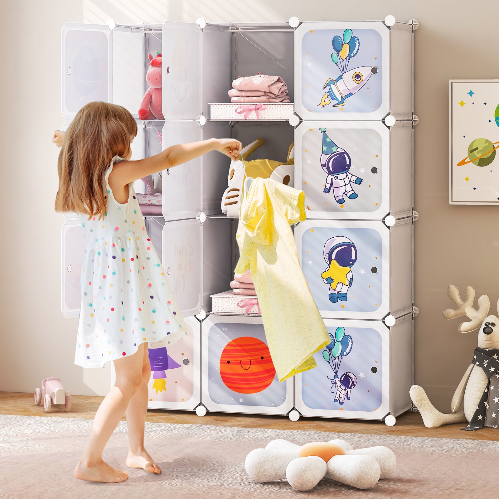 Portable Children Wardrobe with 12 Cubes and 2 Clothes Hanging Section-White