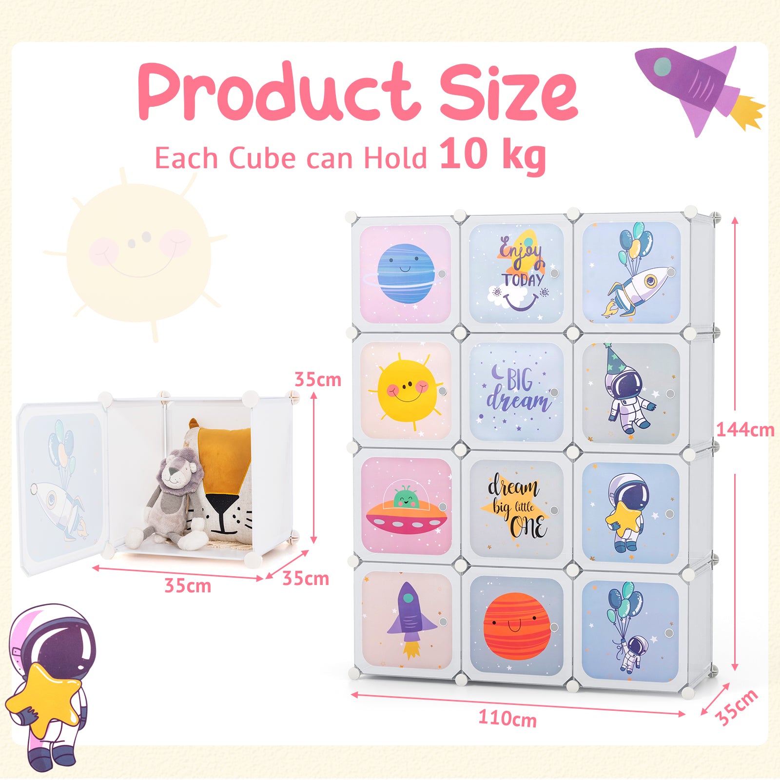 Portable Children Wardrobe with 12 Cubes and 2 Clothes Hanging Section-White