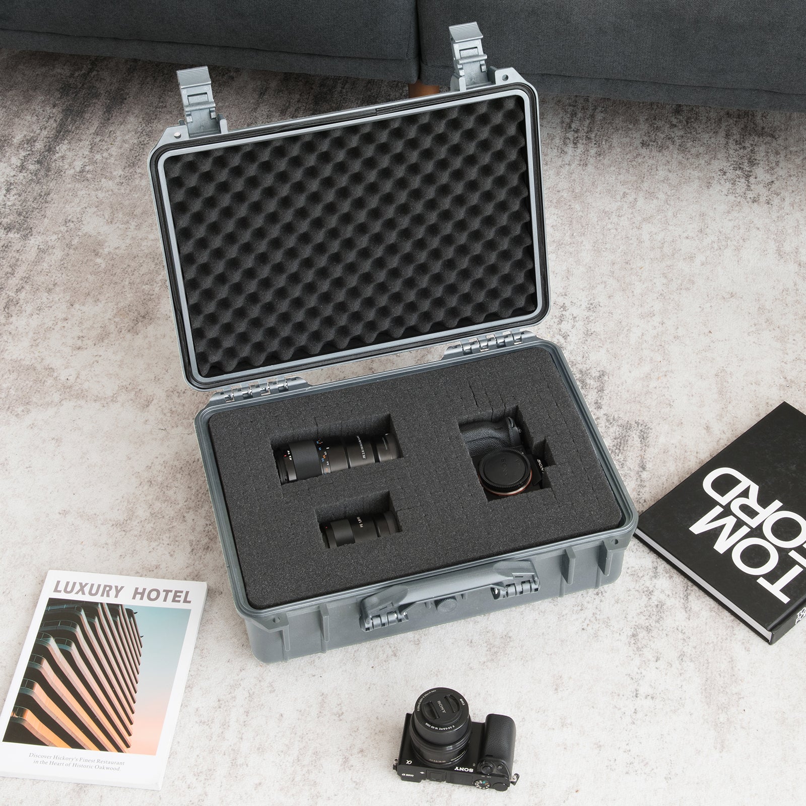 Portable Grey Waterproof Hard Case with Customizable Fit Foam-Grey-45 x 34 x 18 cm