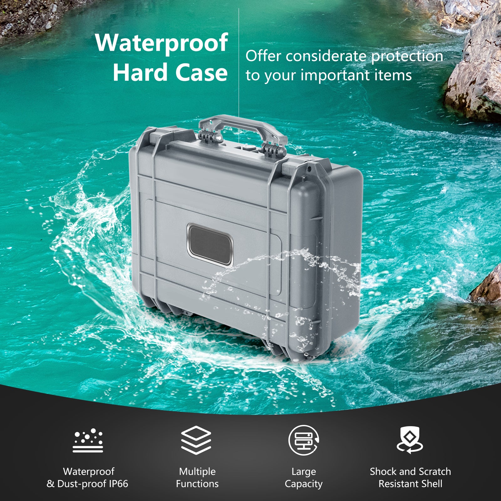 Portable Grey Waterproof Hard Case with Customizable Fit Foam-Grey-56 x 44 x 22 cm
