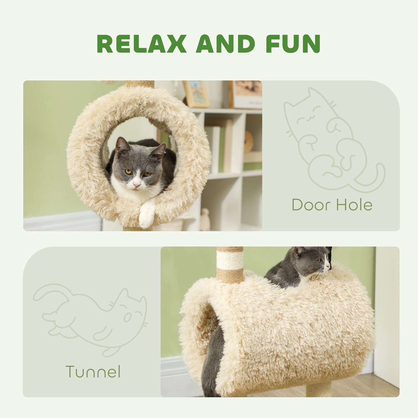 PawHut Cat Tree Sheep Design, 98 cm Multi-Level Cat Tower with Scratching Posts, Tunnel & Play Ball, Light Brown
