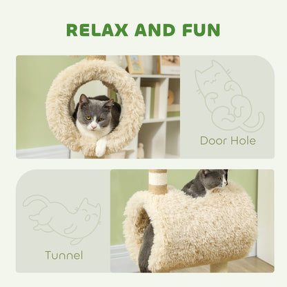 PawHut Cat Tree Sheep Design, 98 cm Multi-Level Cat Tower with Scratching Posts, Tunnel & Play Ball, Light Brown