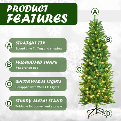 Pre-lit Artificial Pencil Christmas Tree with Warm White UL-listed Lights-6FT