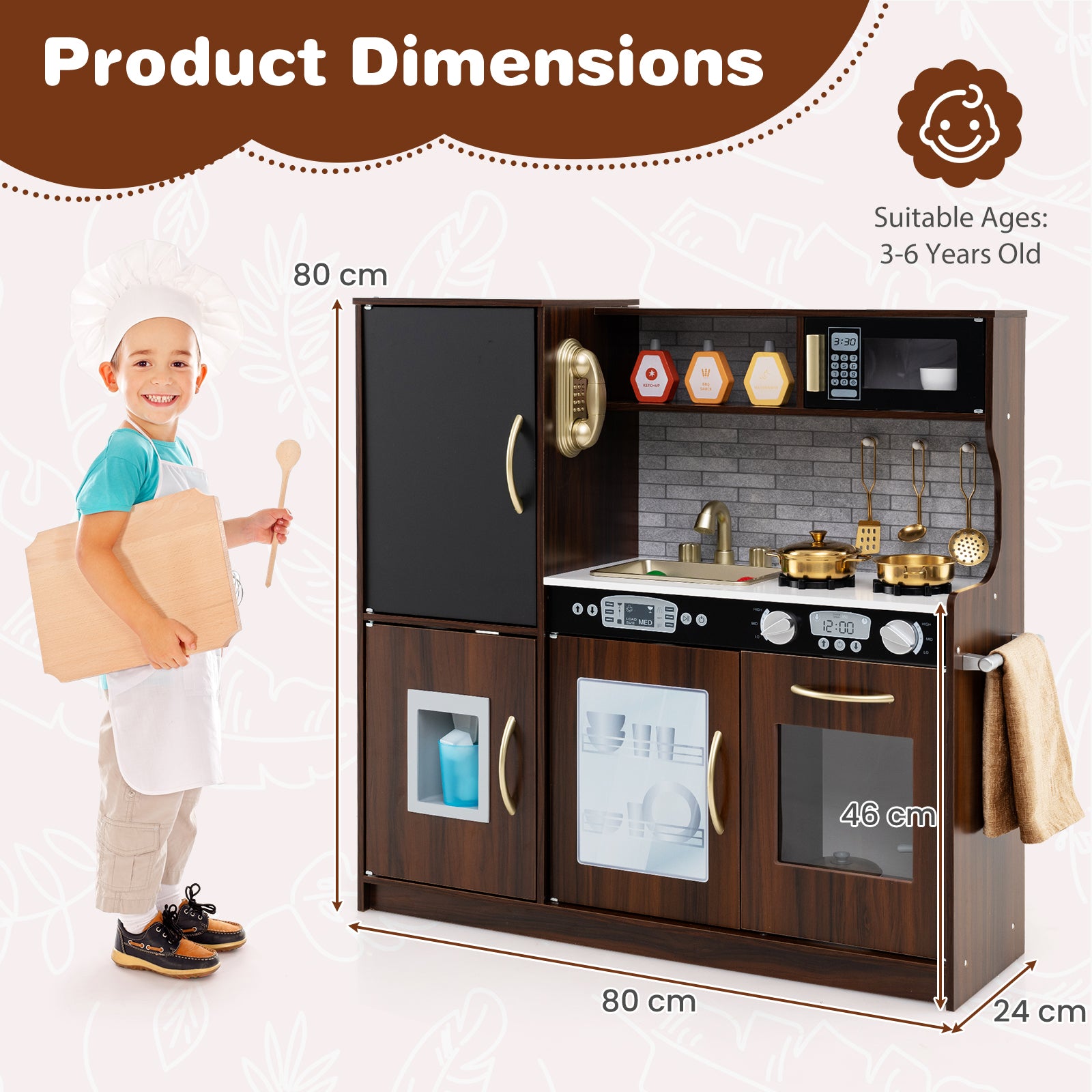 Toddler Pretend Kitchen Playset with Accessories and Simulated Sounds-Rustic Brown