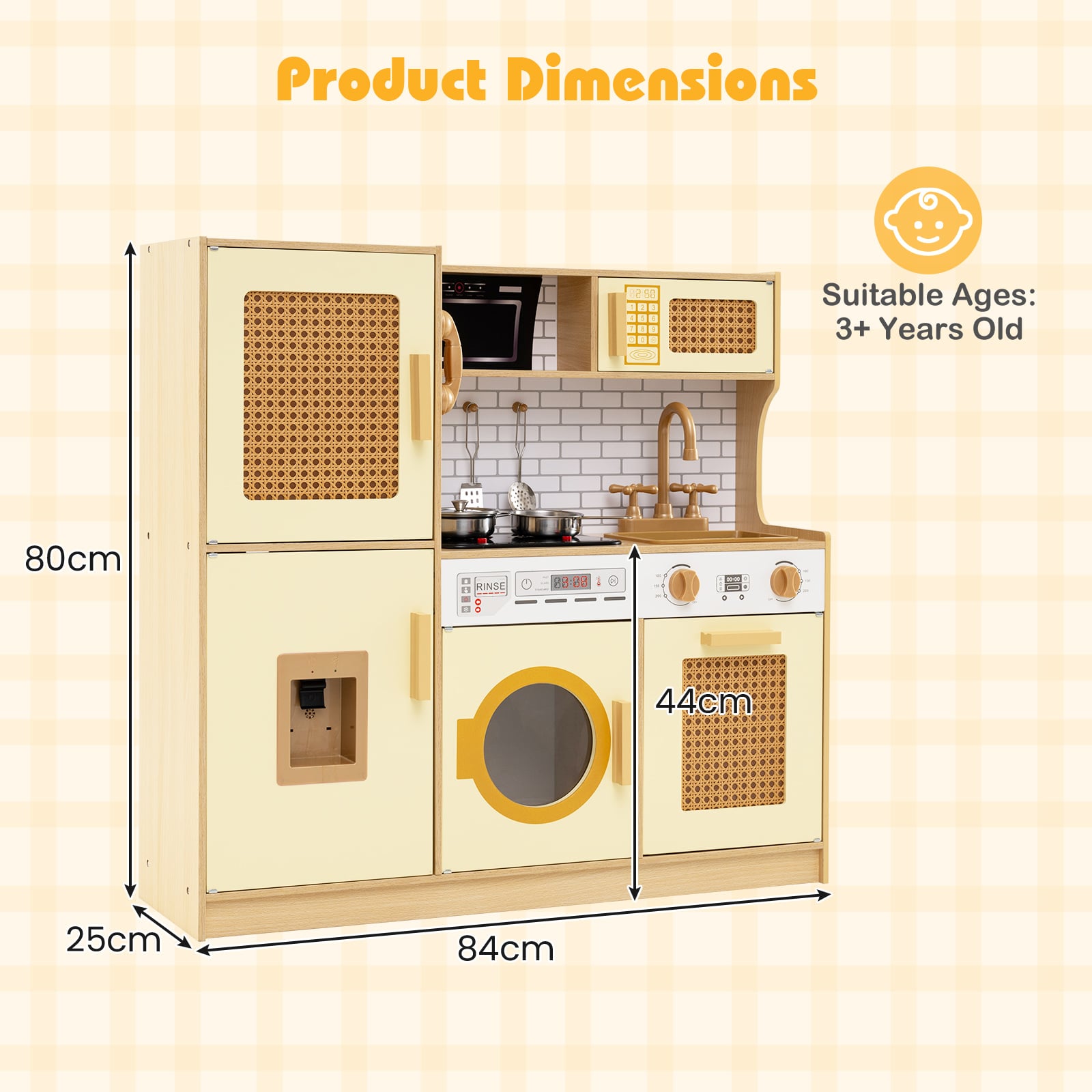 Wooden Kids Kitchen Playset with Real Sounds Lights Stove Water Dispenser-Yellow