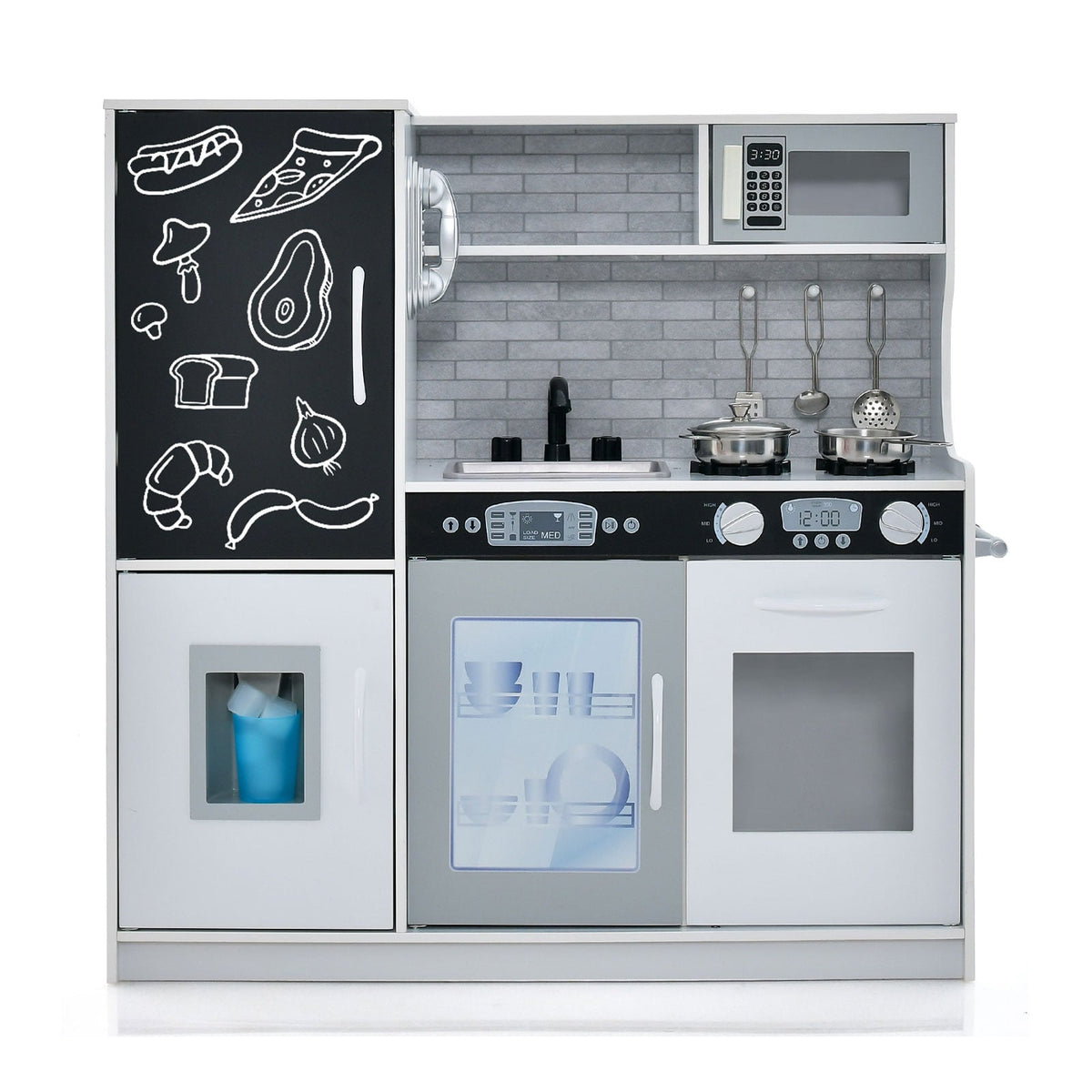 Toddler Pretend Kitchen Playset with Accessories and Simulated Sounds in white with a blackboard door