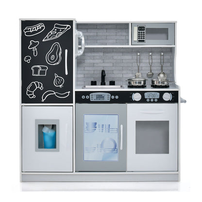 Toddler Pretend Kitchen Playset with Accessories and Simulated Sounds in white with a blackboard door