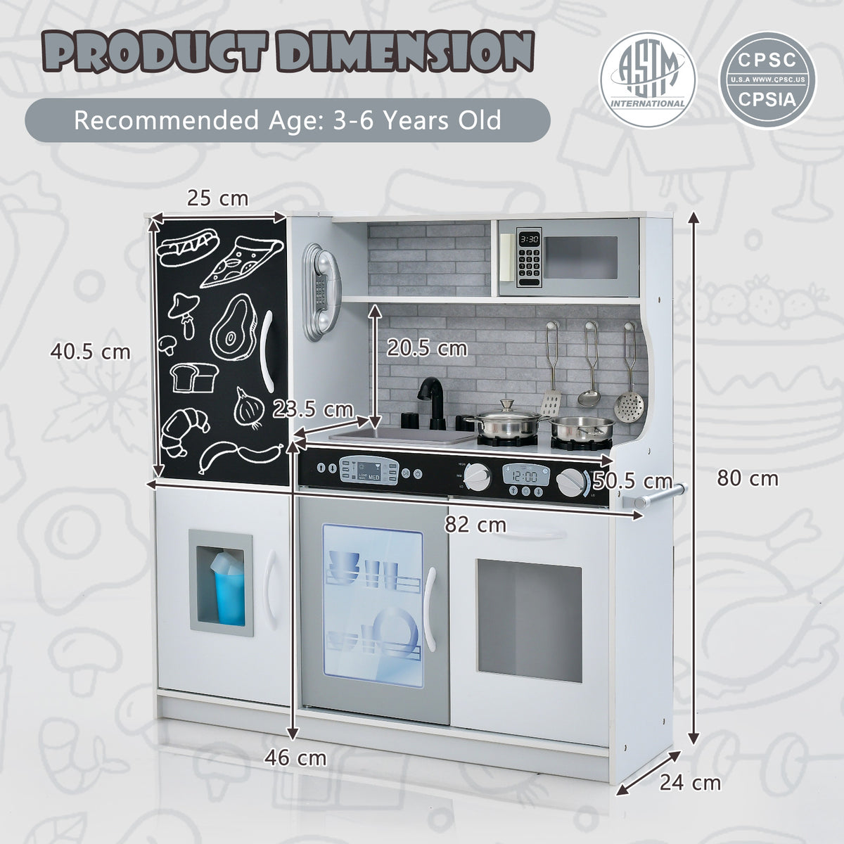 The play kitchen set showing the overall height, width and depth measurements in centimetres