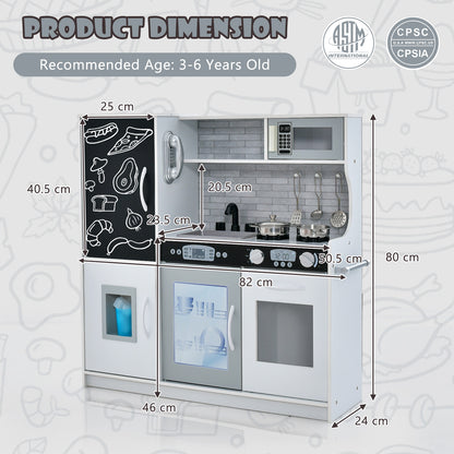The play kitchen set showing the overall height, width and depth measurements in centimetres