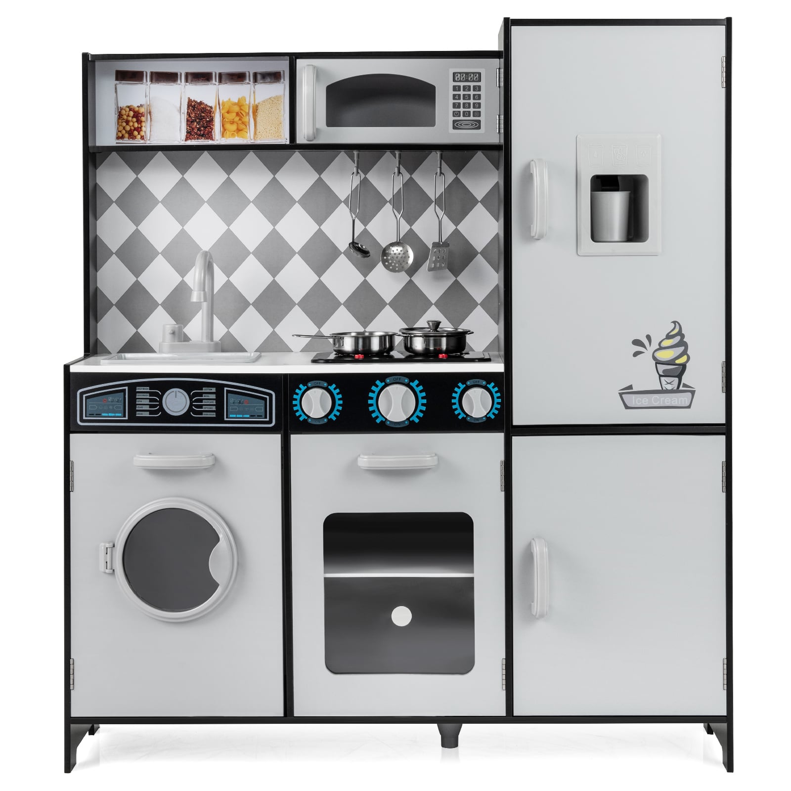 Pretend Play Kitchen with Ice Maker and Cooking Stove for Kids-Grey