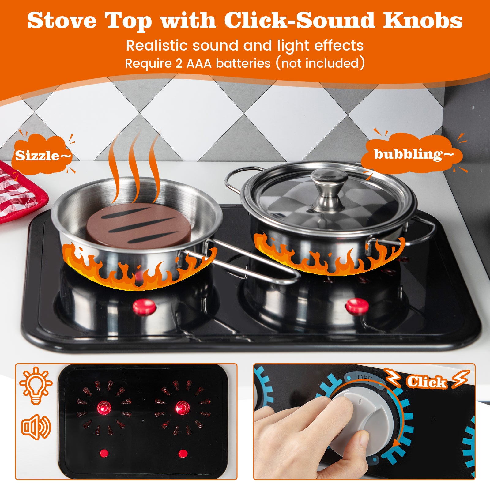 Pretend Play Kitchen with Ice Maker and Cooking Stove for Kids-Grey