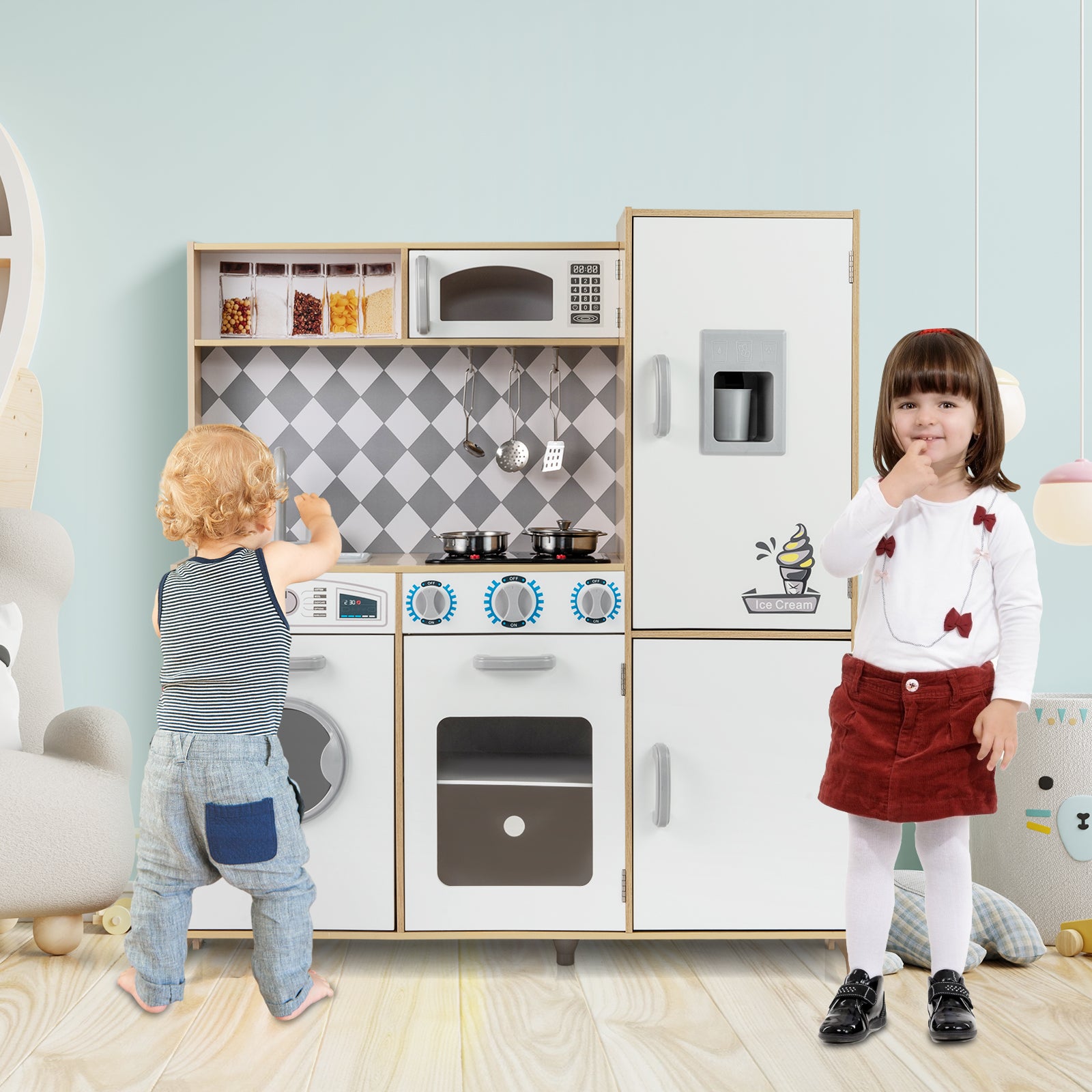 Pretend Play Kitchen with Ice Maker and Cooking Stove for Kids-Natural
