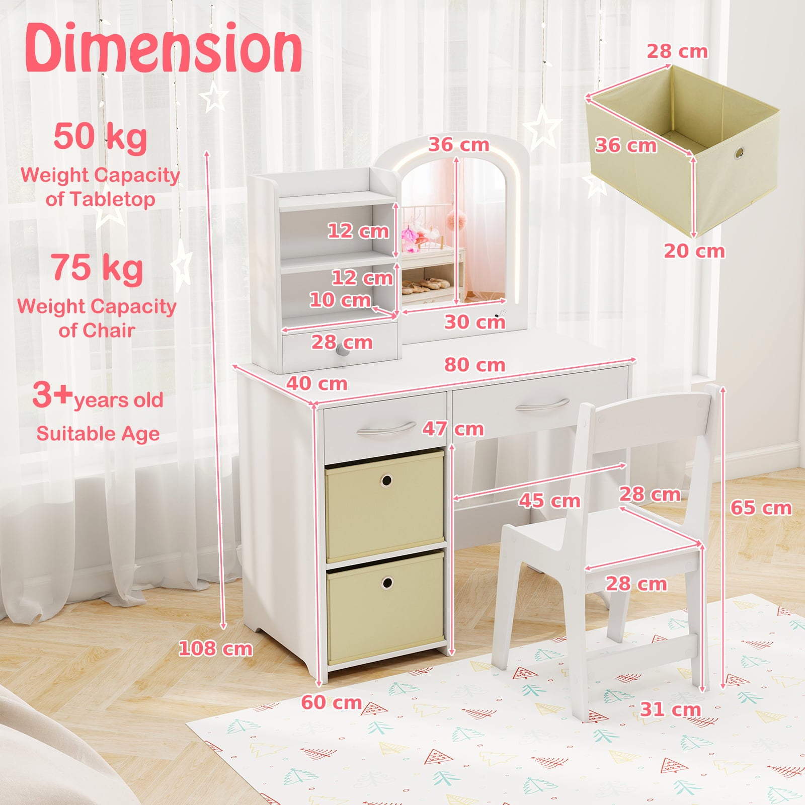 Kids Vanity Set with Lighted Mirror and Storage Drawers-White