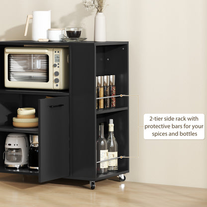 HOMCOM Kitchen Trolley on Wheels, Rolling Kitchen Island Cart with 2-Door Cabinet, Spice Rack and Adjustable Shelf, Black
