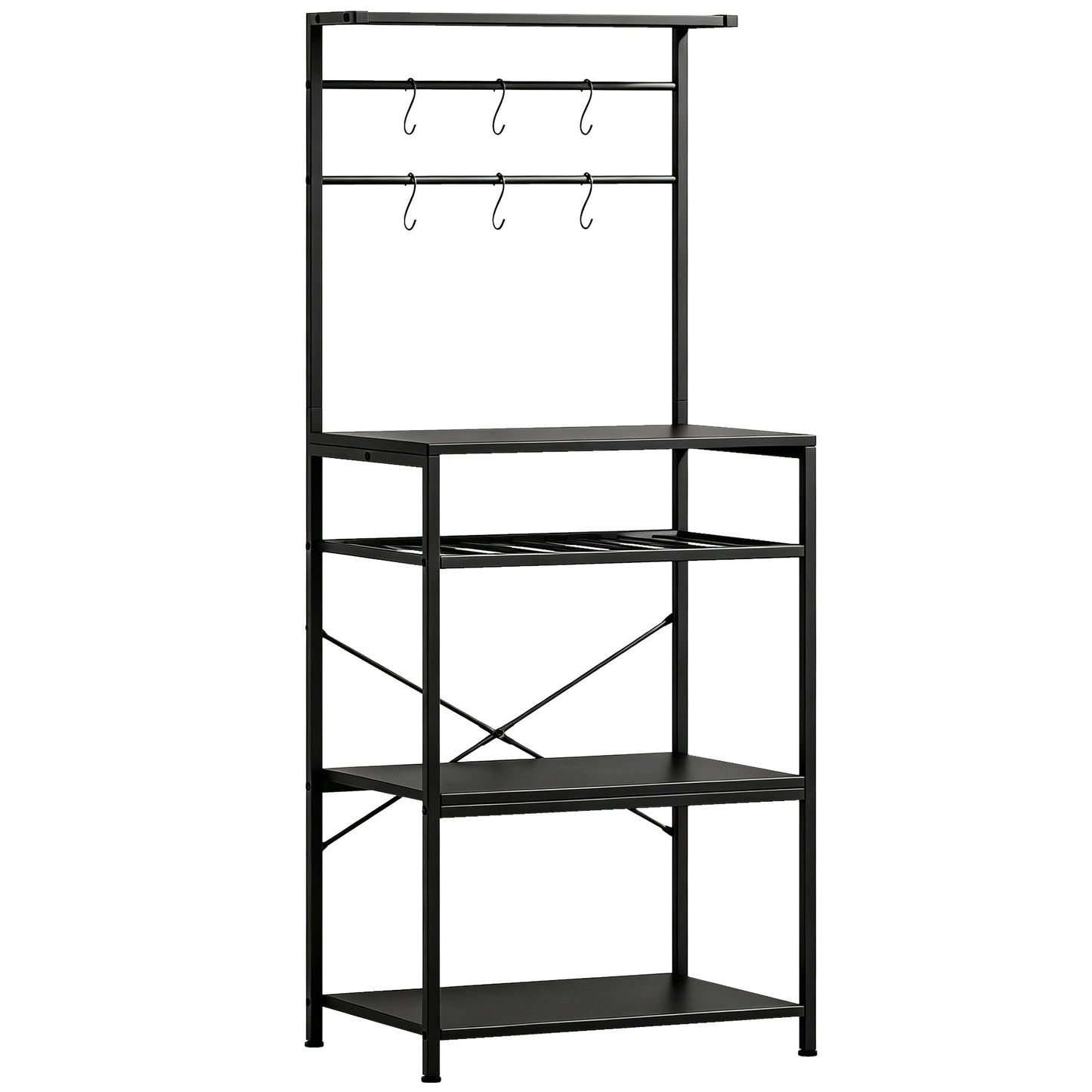 HOMCOM Freestanding Shelving Unit, Industrial Storage Shelf with 6 Hooks and Wine Rack for Living Room, Home Office, Black