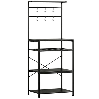 HOMCOM Freestanding Shelving Unit, Industrial Storage Shelf with 6 Hooks and Wine Rack for Living Room, Home Office, Black