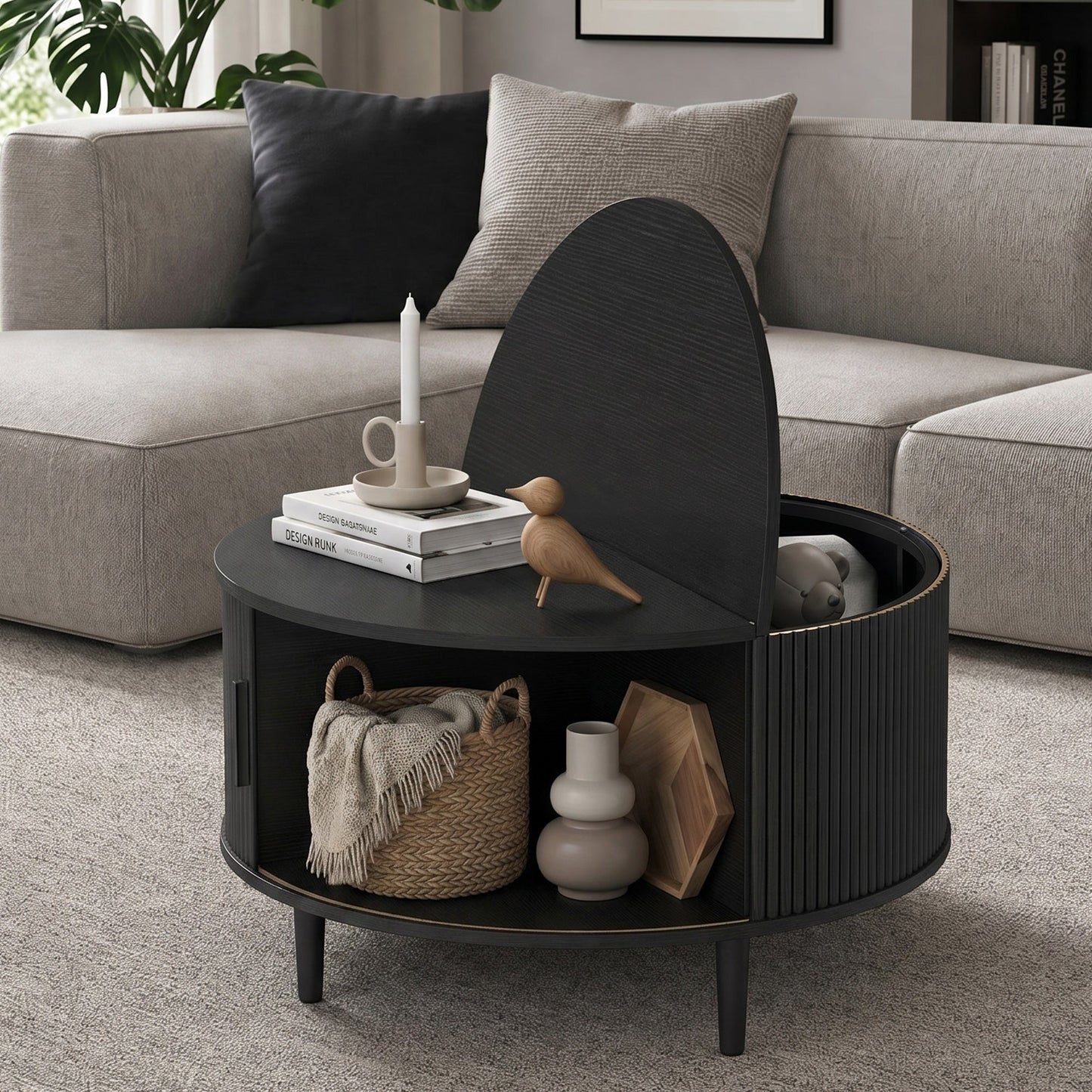 HOMCOM Coffee Table with Lift Top and Hidden Storage, Round Centre Table with Fluted Sliding Door, 80 cm, Black Wood Effect