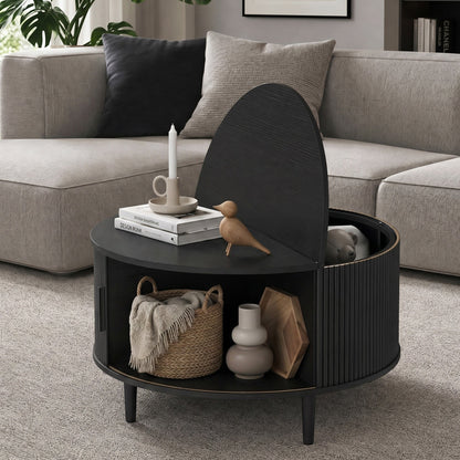 HOMCOM Coffee Table with Lift Top and Hidden Storage, Round Centre Table with Fluted Sliding Door, 80 cm, Black Wood Effect