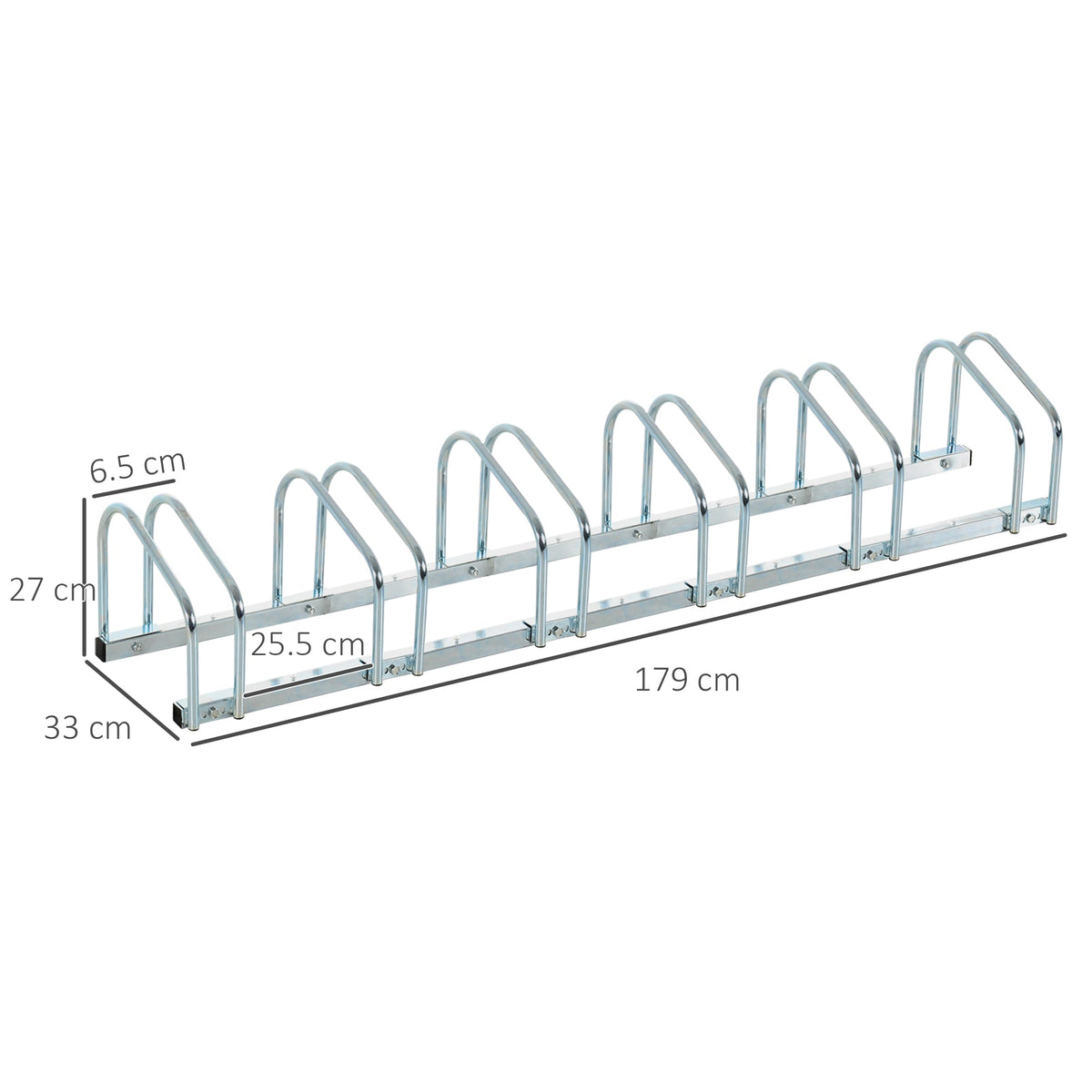 The bike parking rack shown with technical lines indicating its overall dimensions