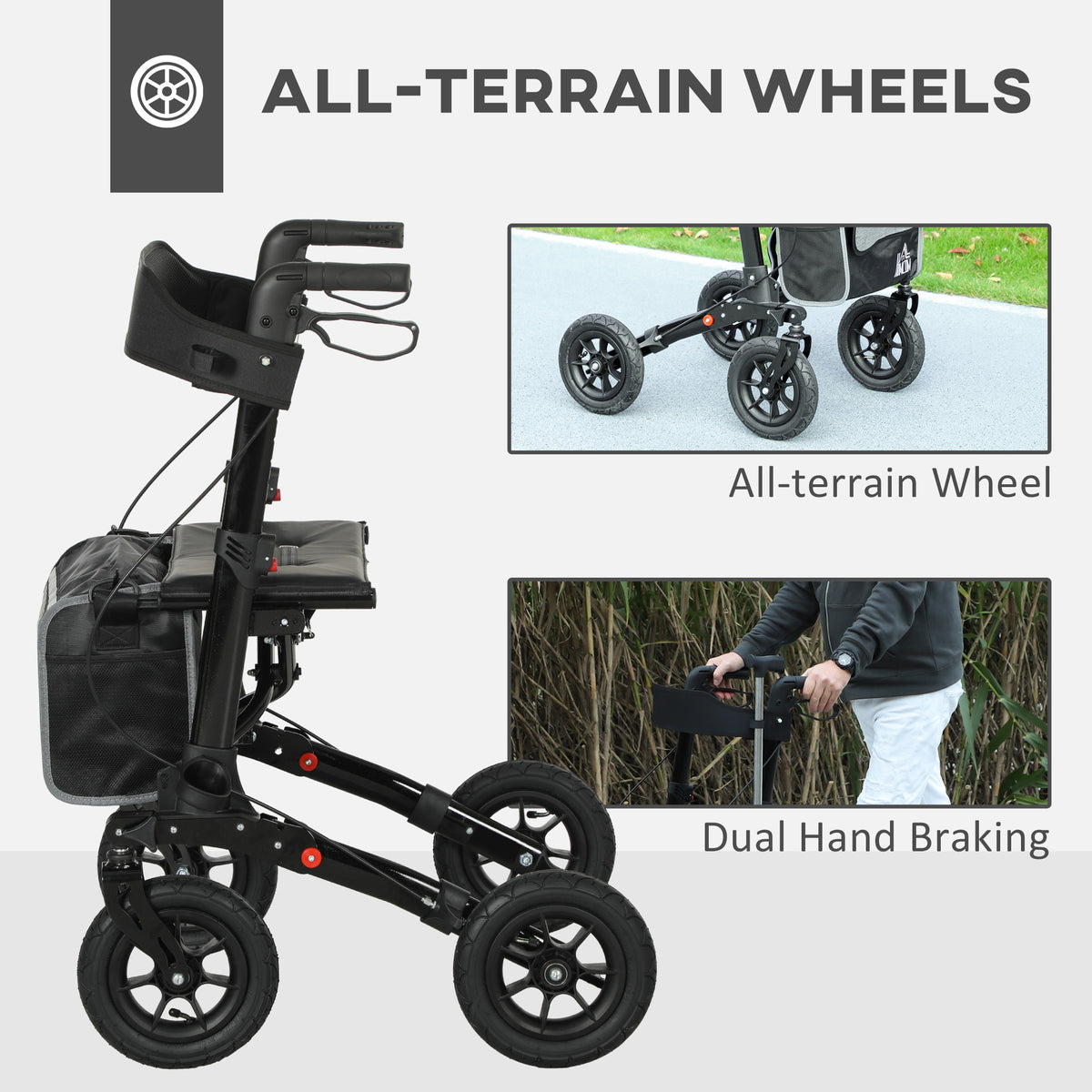 HOMCOM Folding Rollator Walker with Padded Seat in Black
