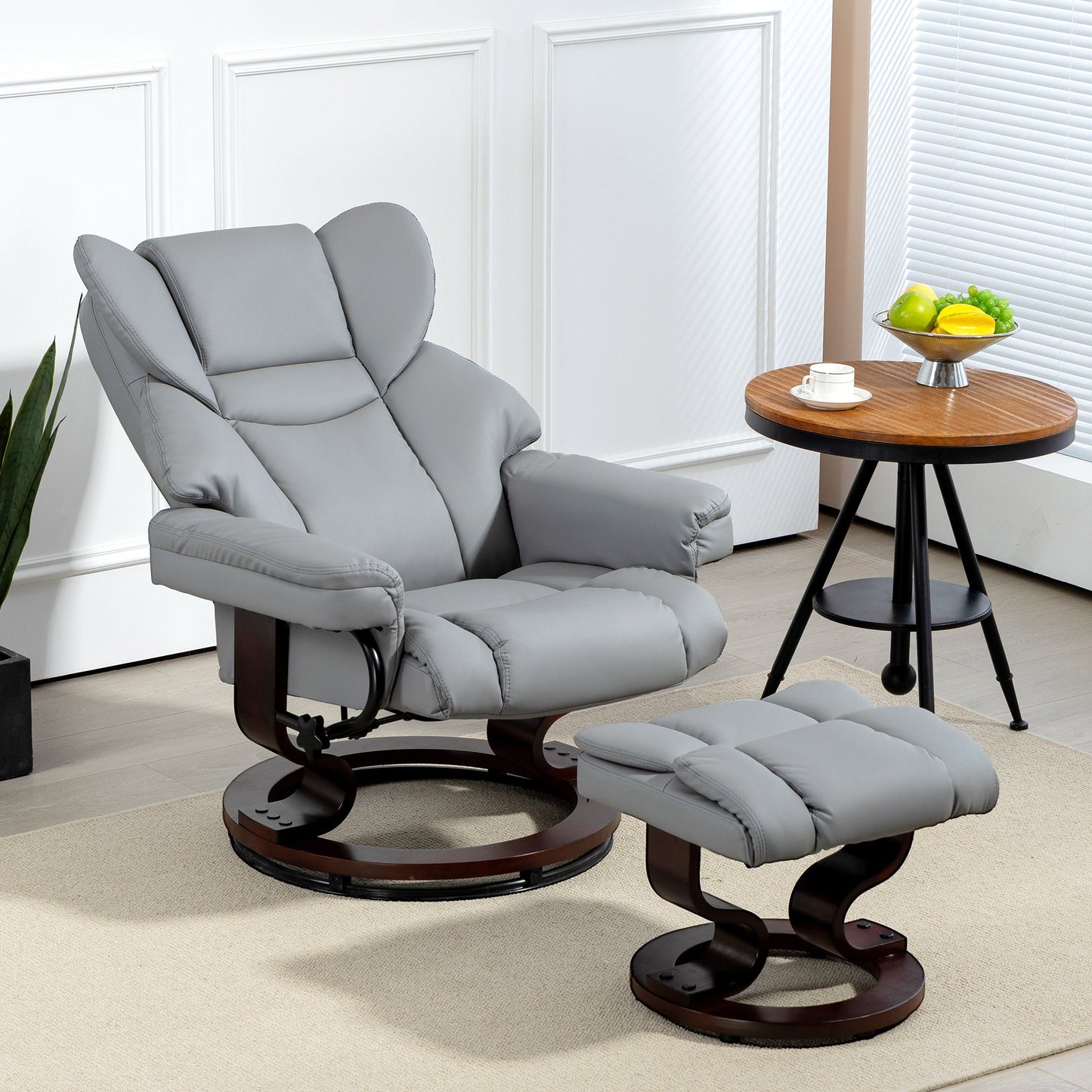 HOMCOM 360 degrees Swivel Recliner Chair with Footstool, PU Leather Manual Recliner Armchair with Footstool, Solid Wood Base, Upholstered Reclining Chair for Living Room, Bedroom, Office, Light Grey