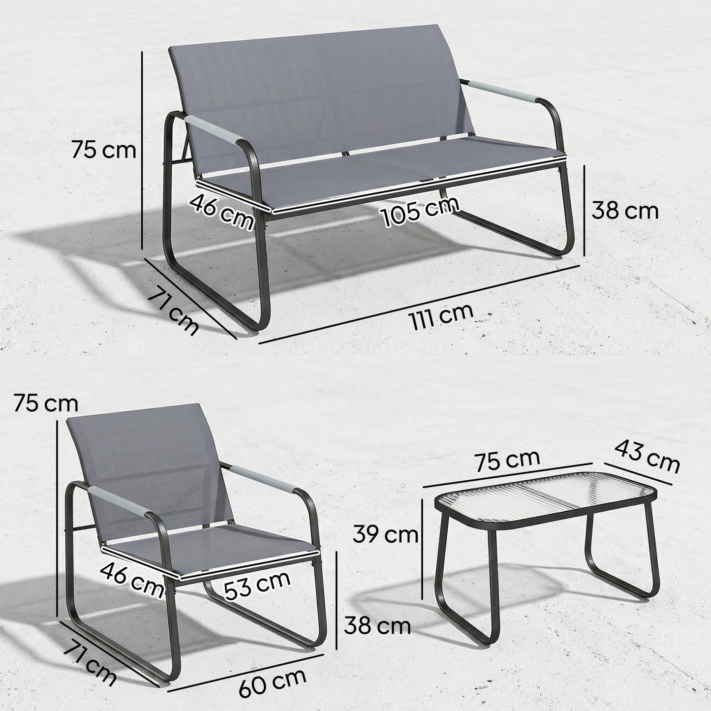Outsunny 4 Piece Garden Furniture Set, Garden Sofa Set with Loveseat, 2 Armchairs, Tempered Glass Table for Balcony, Grey