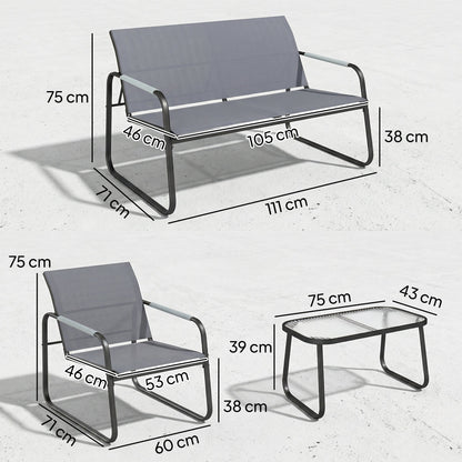 Outsunny 4 Piece Garden Furniture Set, Garden Sofa Set with Loveseat, 2 Armchairs, Tempered Glass Table for Balcony, Grey