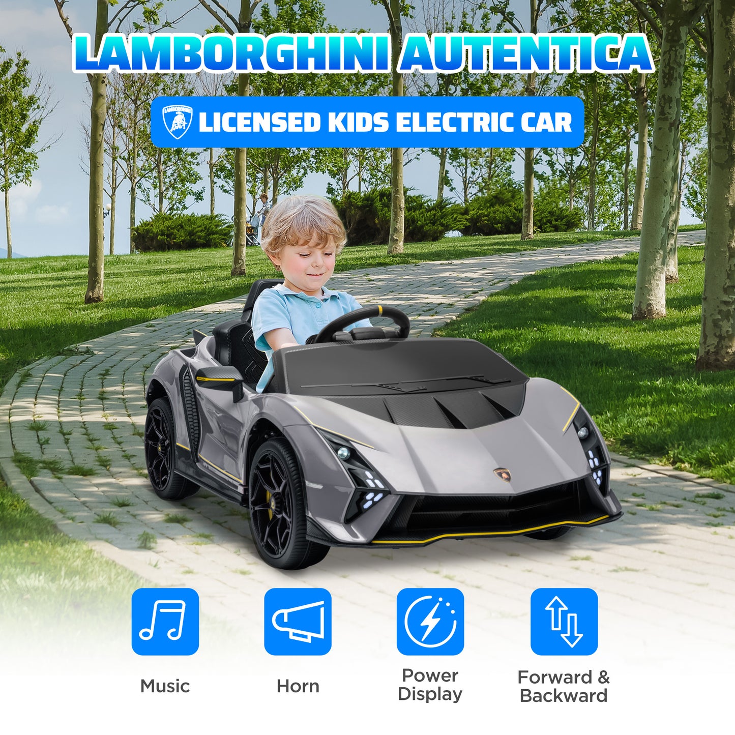 سيارة كهربائية للأطفال مرخصة من AIYAPLAY 12V Lamborghini Autentica مع جهاز تحكم عن بعد وأربع عجلات تعليق وبدء تشغيل ناعم، باللون الرمادي
