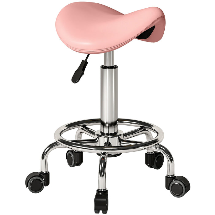 HOMCOM Salon Saddle Stool in pink, a rolling chair with a padded seat and five wheels