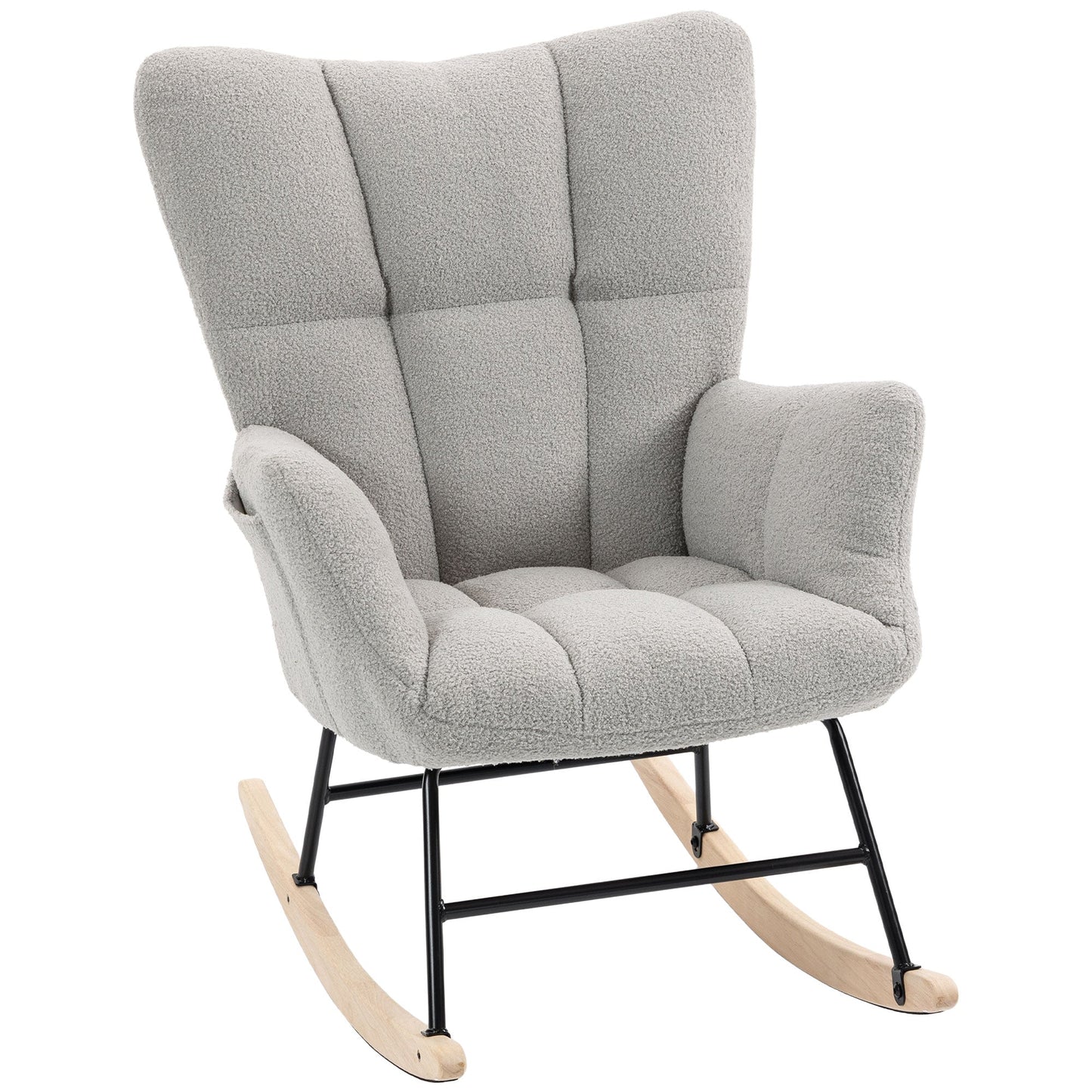 HOMCOM Rocking Chair, Teddy Fleece Rocker Chair with Tufted Wingback, Side Pockets, Rubber Wood Legs, Light Grey