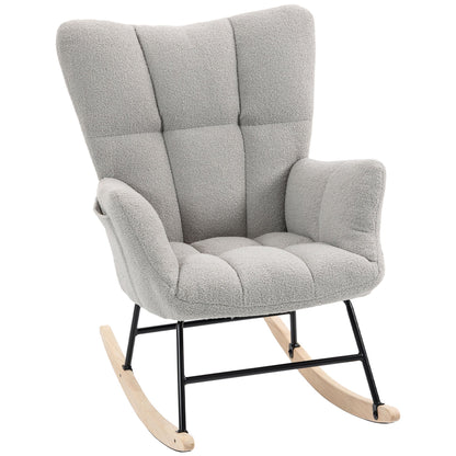 HOMCOM Rocking Chair, Teddy Fleece Rocker Chair with Tufted Wingback, Side Pockets, Rubber Wood Legs, Light Grey