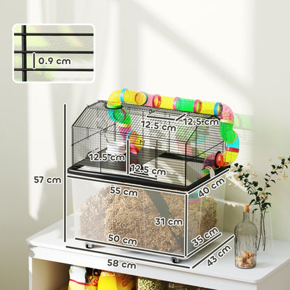 PawHut Two-Tier Hamster Cage with 31cm Deep Tray, Tube System, Water Bottle, Ramp, Feeding Bowl, Multicoloured