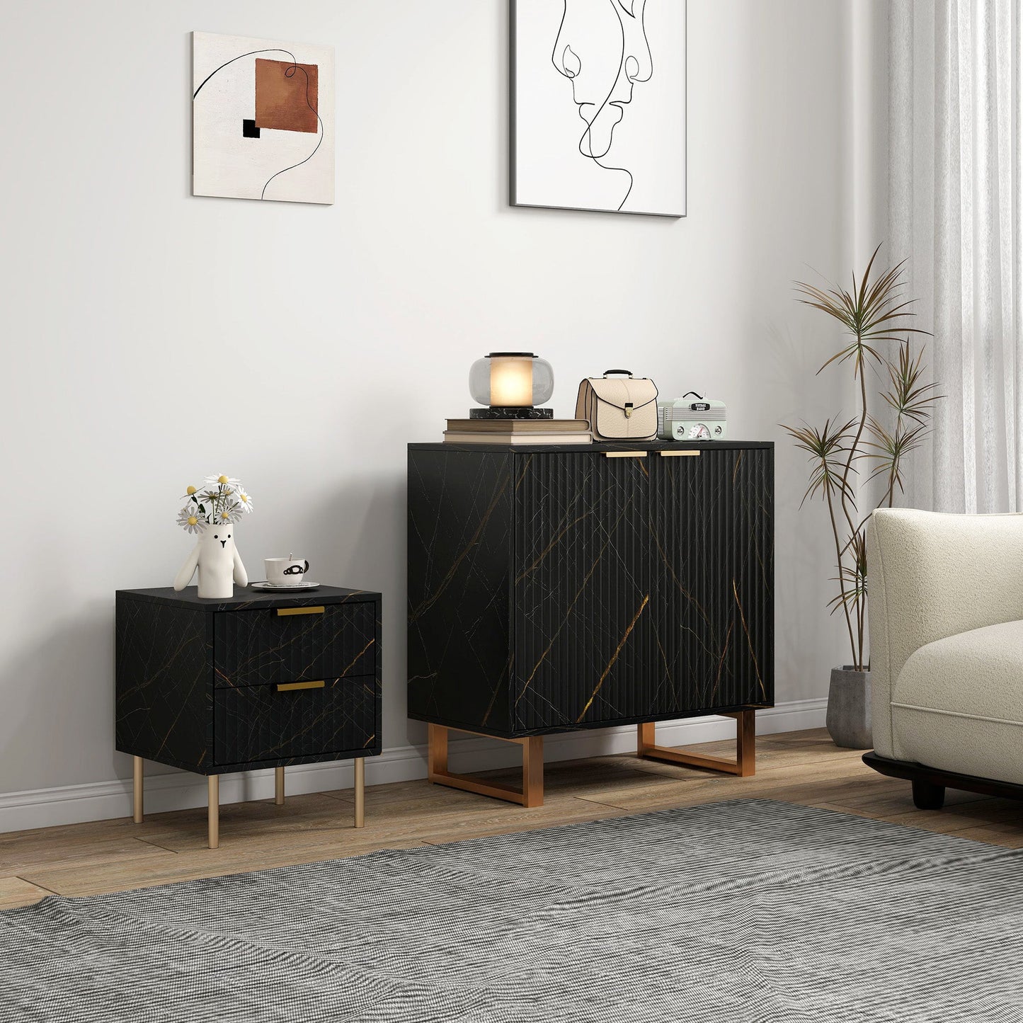 HOMCOM Sideboard, Accent Cabinet with Marble Effect, Adjustable Shelf, Fluted Doors and Drawers, Black
