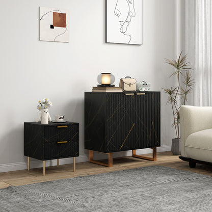 HOMCOM Sideboard, Accent Cabinet with Marble Effect, Adjustable Shelf, Fluted Doors and Drawers, Black