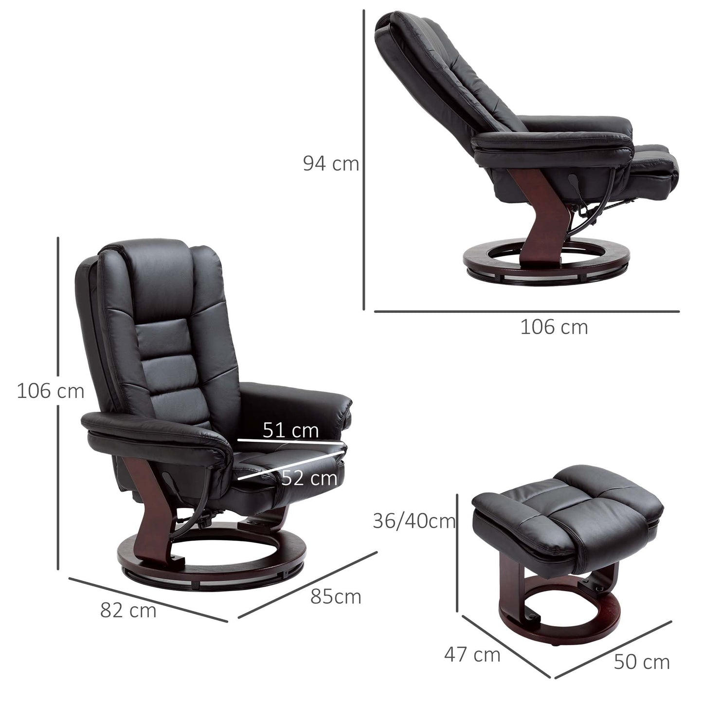 HOMCOM Recliner Chair With footstool, Recliner Armchair up to 130kg Weight Capacity, 135 degrees Reclining Swivel Sofa Chair, PU Leather Ergonomic Couch Bed with Swivel Wood Base for Living Room, Black