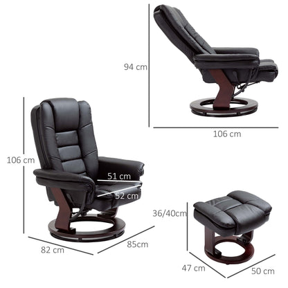HOMCOM Recliner Chair With footstool, Recliner Armchair up to 130kg Weight Capacity, 135 degrees Reclining Swivel Sofa Chair, PU Leather Ergonomic Couch Bed with Swivel Wood Base for Living Room, Black