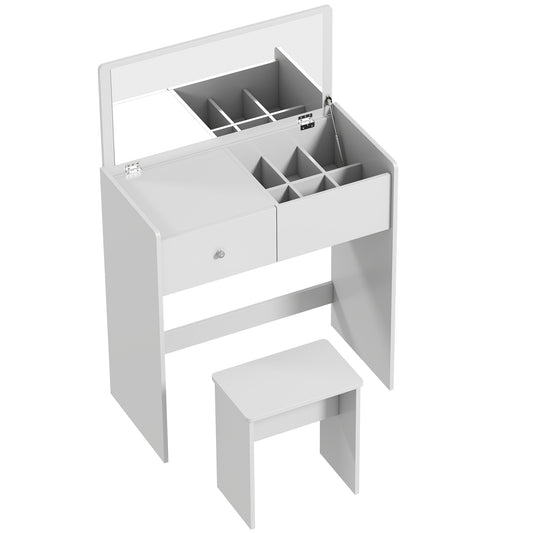 HOMCOM Vanity Desk with Mirror Dressing Table Drawer Set 6 Compartments Storage Stool White