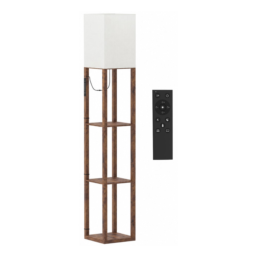 HOMCOM Floor Lamp with Shelves, Modern Dimmable Standing Lamp with Fabric Shade, Adjustable Colour Temperature, Rustic Brown