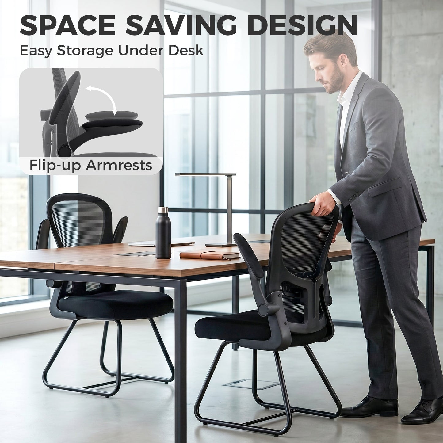 HOMCOM Reception Chair, Conference Meeting Office Chair with Flip-up Armrest, Mesh Backrest, Lumbar Support and Metal Base