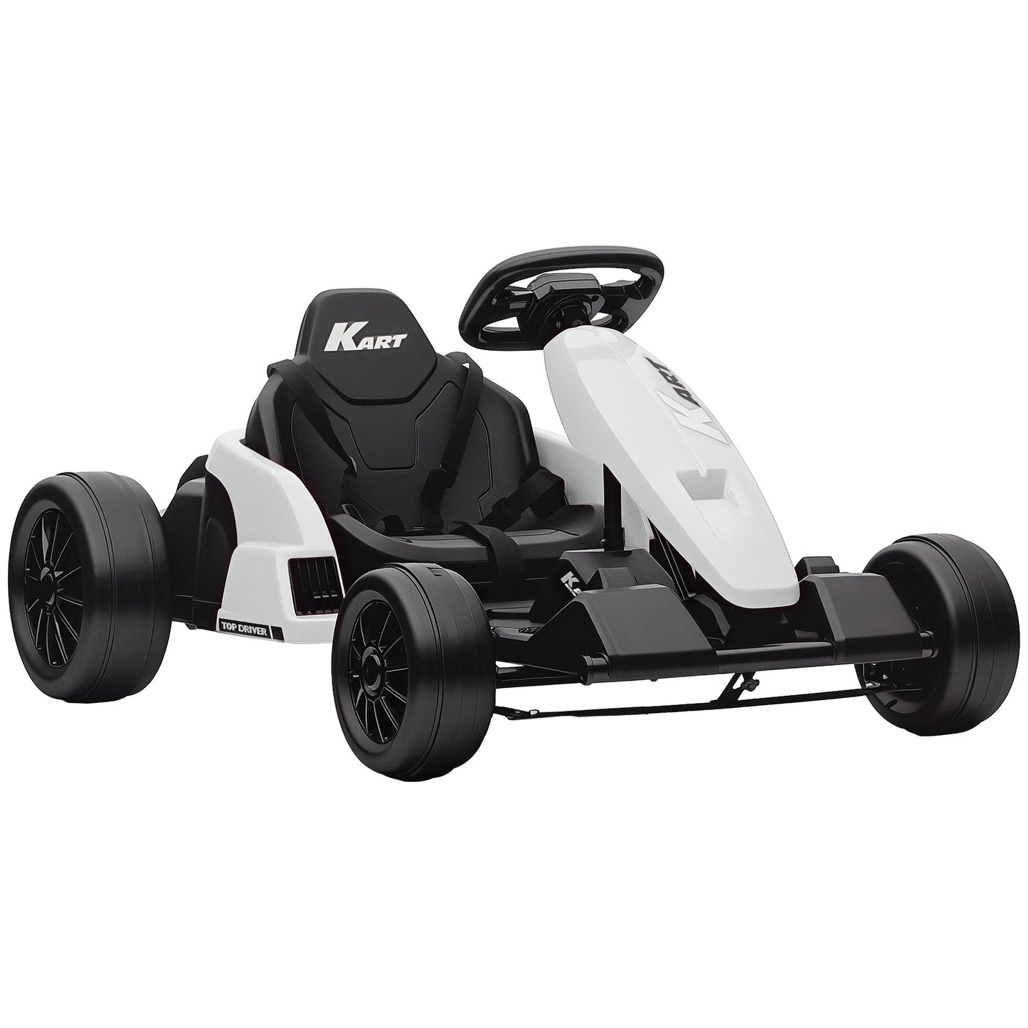 AIYAPLAY 24V Electric Go Kart, Drift Kart with Adjustable Seat, Slow Start, 5-Point Harness, Music, Horn, for 6-12 Years, White