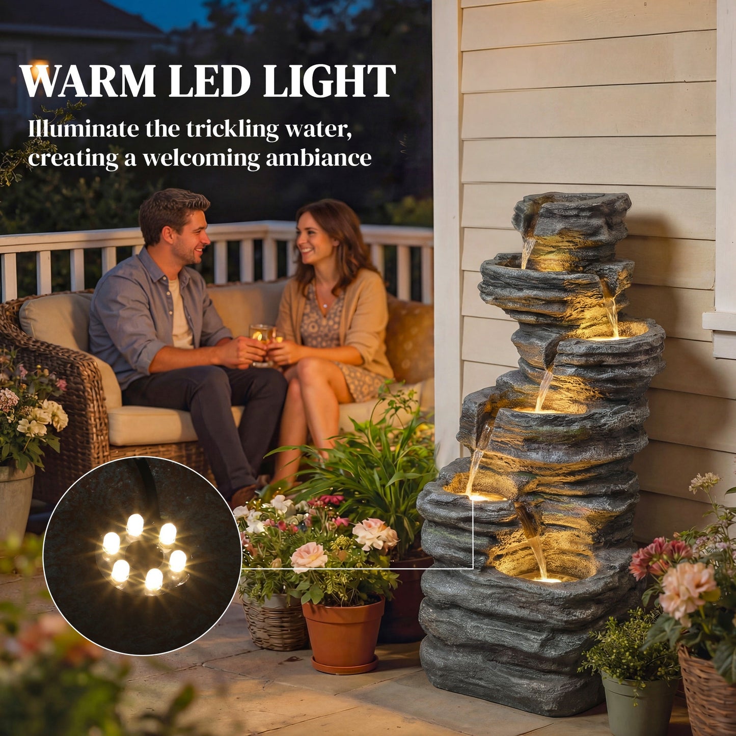 نافورة Outsunny خارجية، 6 طبقات متتالية مع أضواء LED، نافورة قائمة بذاتها من الراتنج للحديقة، رمادية