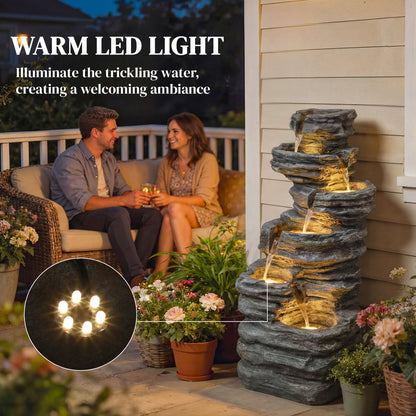 نافورة Outsunny خارجية، 6 طبقات متتالية مع أضواء LED، نافورة قائمة بذاتها من الراتنج للحديقة، رمادية