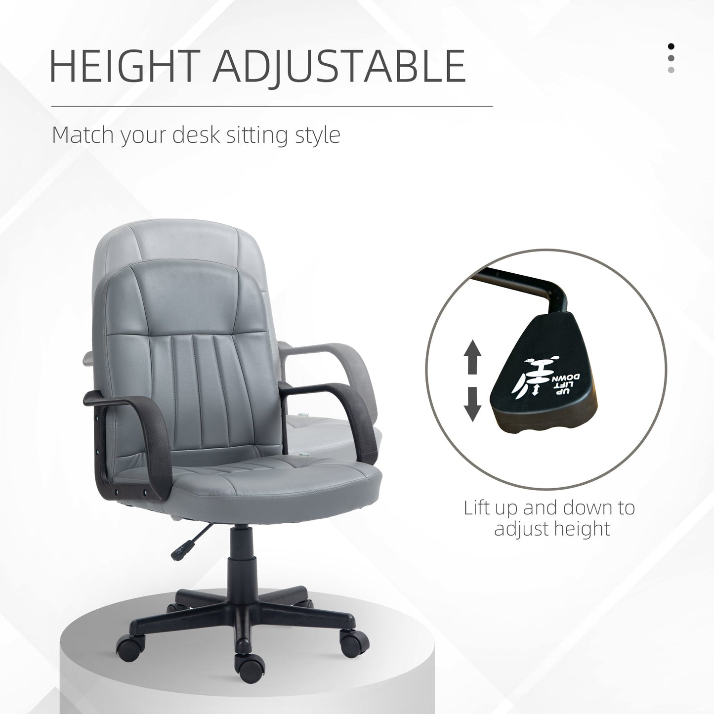 HOMCOM Desk Chair, PU Leather Computer Office Chair with Adjustable Height, Swivel Wheels for Home Work Study, Grey