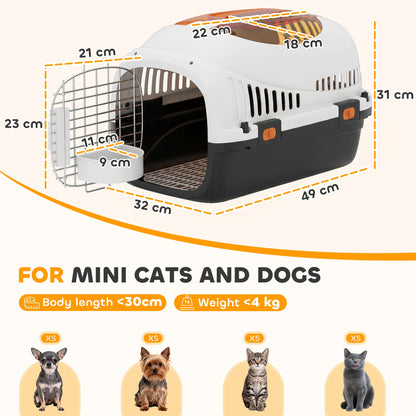 PawHut Plastic Pet Carrier Hard Shell Dog Cat Carrier Max 4 KG Steel Door Feed Bowl Secure Lock 49 x 32 x 31 cm